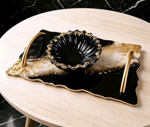Black gold resin serving - resin, tray